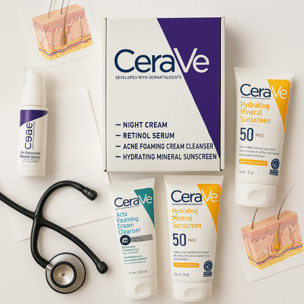Cerave Skincare Set – Night Cream, Retinol Serum, Acne Foaming Cream Cleanser, And Hydrating Mineral Sunscreen Spf 50